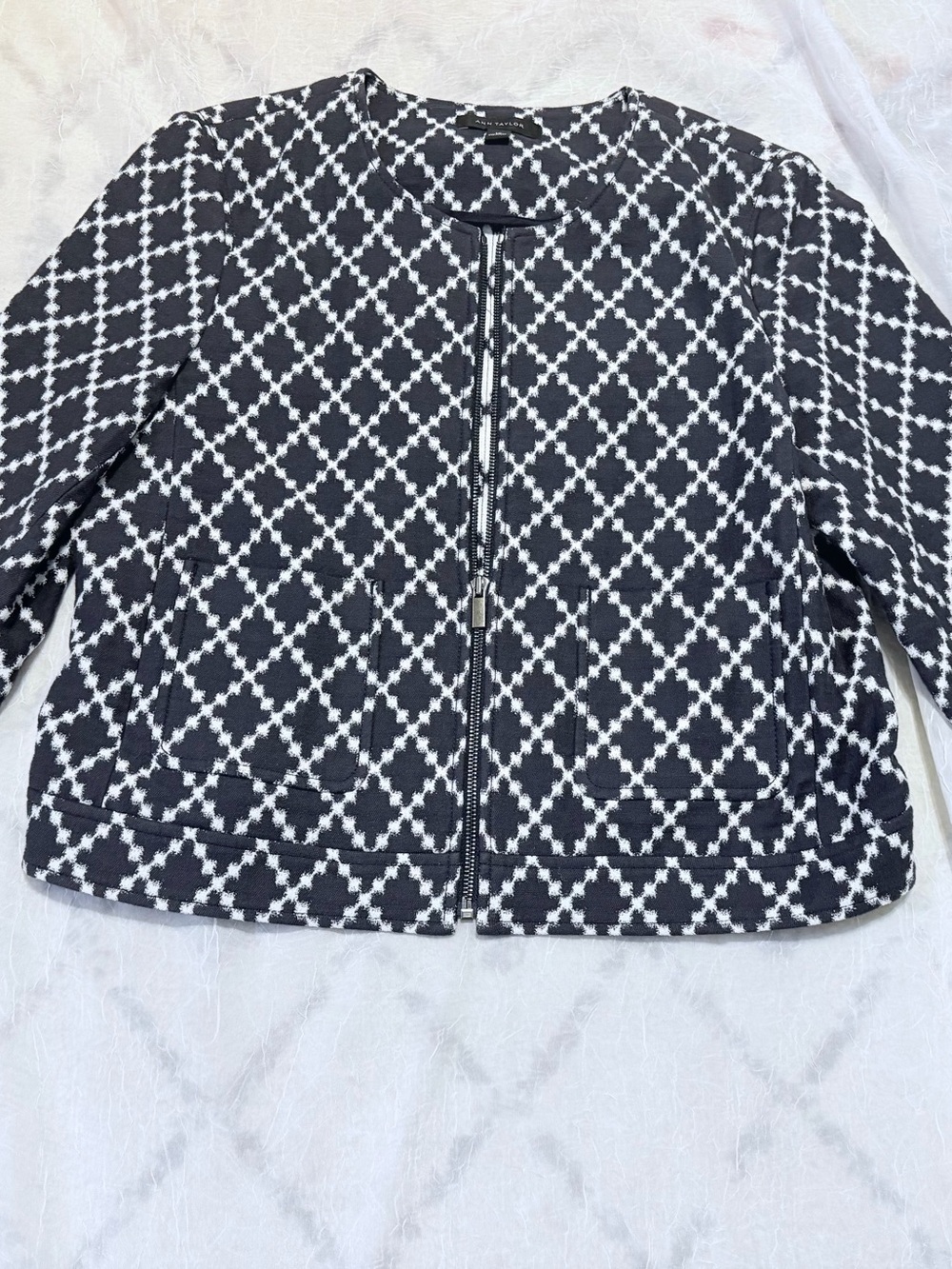 Ann Taylor Black and White Geometric Zip Jacket
